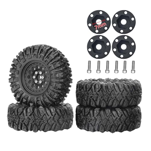 1.3” All-Terrain Tire and Wheel Set, Metal Beadlock 5mm & 7mm Hex Wheels for SCX24 TRX4M 1/12 1/14 1/18 1/24 RC Crawler Car (B, Black) - color: B, Black