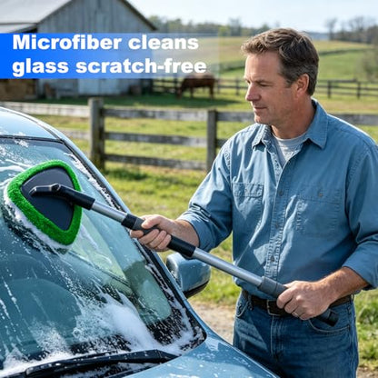 Windshield Cleaning Tool, Auto Window Cleaning Kit with 4 Reusable Microfiber Pads & Extendable Handle, Portable Windshield Cleaner Rotating Head Glass Wiper for Most Cars (Green) - color: Green