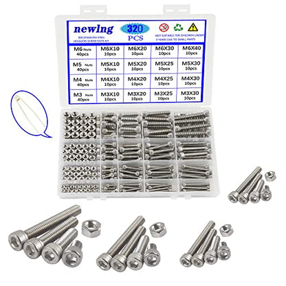 newlng Nuts and Bolts M3 M4 M5 M6 Nuts Kit 304 Stainless Steel Hex Socket Head Cap Metric Machine Screws Set for Bicycles 3D Printer Repair Furniture Fastening - size: M3456-3