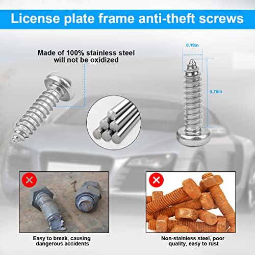 YALOK Anti Theft License Plate Screws, M6 Mounting Kit, Silver Set 2 | stainless steel hardware, rust-resistant finish, tamper-resistant fasteners, includes nuts and caps, front or rear mounting - color: AT-Silver, size: 4PCS