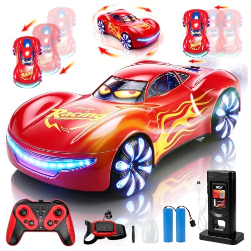 Gesture Sensing RC Stunt Car, 2.4GHz 4WD Remote Control Car for Kids 4-12 | 50 Min Play Time Dual Batteries, 360° Spinning Drift, Mist Spray & LED Wheels, Birthday Gift, Party Gifts for Kids Boys , Red - color: 4-red