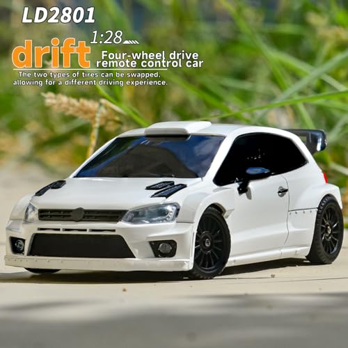 LD2801 Mini RC Drift Car 1/28 Scale RTR Remote Control 4WD Racing Cars with 4PCS Drift Tires and LED Searchlight for Hobby Gift (White) - color: White