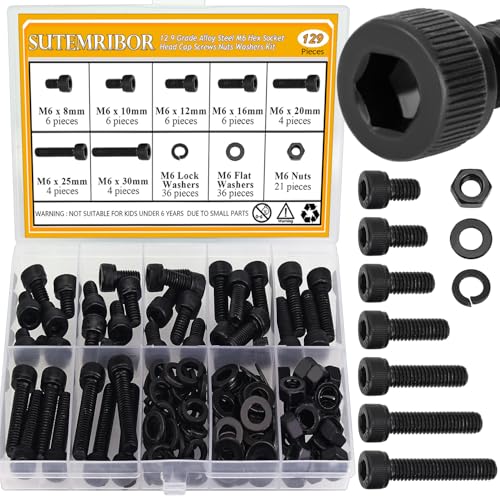 129 Pieces M6 Screws Nuts Washers Set Black, Sutemribor M6 x 8/10/12/16/20/25/30mm Hex Socket Head Cap Screws Nuts Washers Assortment Kit, 12.9 Grade Alloy Steel, Fully Threaded - size: M6, style: Socket Head
