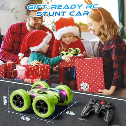 Remote Control Stunt Car – 4WD 360° Flip Double‑Sided RC Car LED Light Bar & Modular USB‑C Battery, 2.4 GHz Off‑Road Toy, Birthday for Boys Girls Ages 6‑12, Green - color: Green