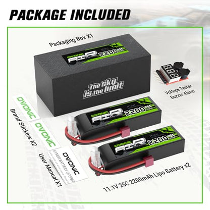 OVONIC 3S Lipo Battery 25C 2200mAh 11.1V Lipo Battery with Dean-Style T Connector for RC Airplane Helicopter Quadcopter RC Car Truck Boat(2 Packs)(with Lipo Voltage Checker)