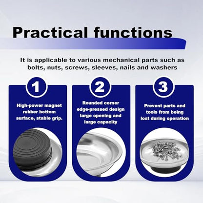 2PCS Magnetic Parts Tray Set, 3" Stainless Steel Round Magnetic Parts Tray for Mechanic's, Magnet Tool Parts Tray for Screws Bolts Nuts Metal Parts