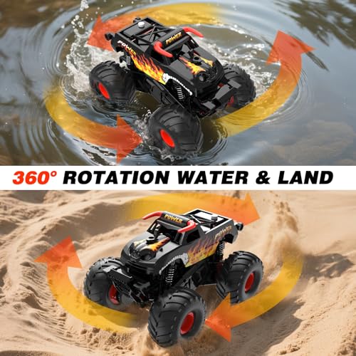 Amphibious Remote Control Car 4WD | Waterproof RC Cars with Dual Spray Mist & Led Lights,1:16 RC Monster Truck for All Terrain Off-Road Pickup Toys Gifts for Boys/Girls Age 8-12+ - color: Black