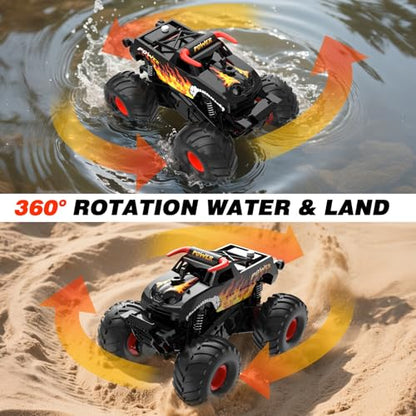Amphibious Remote Control Car 4WD | Waterproof RC Cars with Dual Spray Mist & Led Lights,1:16 RC Monster Truck for All Terrain Off-Road Pickup Toys Gifts for Boys/Girls Age 8-12+ - color: Black