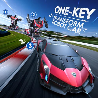 Holyton 1:10 Transforming RC Car, Large Remote Control Car | One-Button Transform to Robot, 2.4GHz Remote Control, Gesture Sensing, LED Lights, 80-Min Playtime, Gift for Kids Ages 5-12 - color: Red
