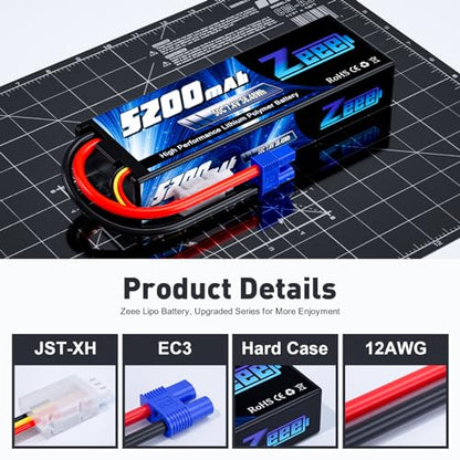 Zeee 2S 5200mAh Lipo Battery 7.4V 50C with EC3 Plug (2 Pack) | Hard Case Battery compatible with 1/8 1/10 RC Vehicles Car Slash RC Buggy Truggy Airplane UAV Drone