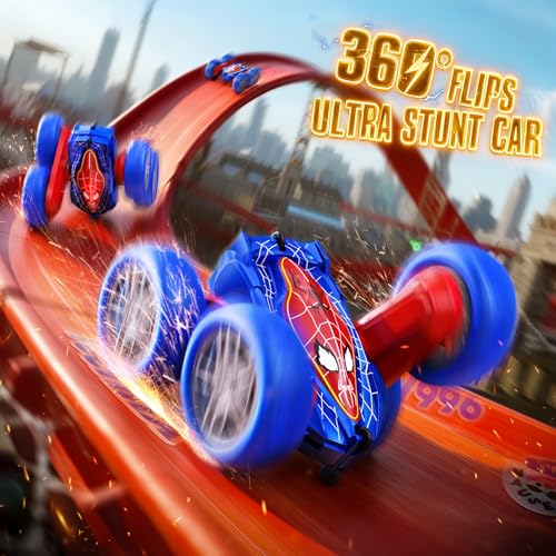 Veeniix Spider Remote Control Stunt Car 360 Flipping 4WD LED Light Blue | Dual batteries 60 mins play,color changing wheels,backyard racing,kids 8-12,rubber tires - color: Blue