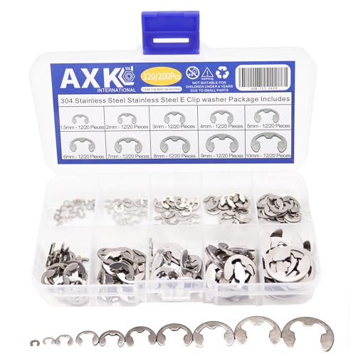 AXK 120PCS 304 Stainless Steel E-Clip Circlip Retaining Ring Assortment Kit, M1.5 to M10 External Shaft Snap Ring Washer Fastener Set