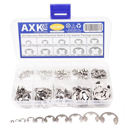 AXK 120PCS 304 Stainless Steel E-Clip Circlip Retaining Ring Assortment Kit, M1.5 to M10 External Shaft Snap Ring Washer Fastener Set