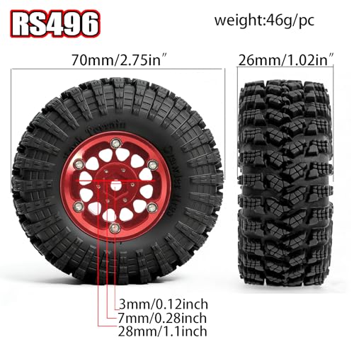 REDSPIDER•1.3 Beadlock Wheels and Crawler Mud Tires OD 2.75'' Aluminium Hub Hex Key 7mm (4PCS) for 1/18 1/24 TRX4M SCX24 AX24 FCX18 FCX24 RC Crawler Car (Red) - color: Red
