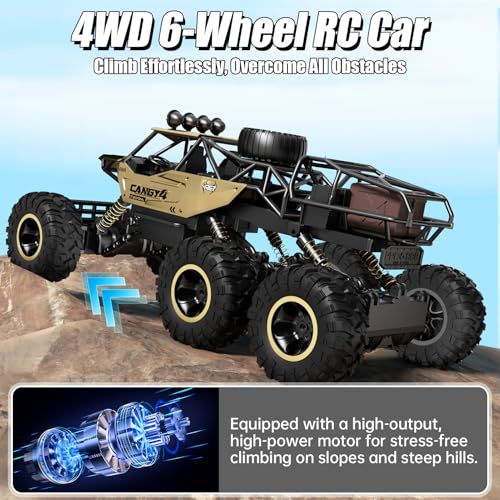 Remote Control Monster Truck, RC Cars Rock Crawler RC Truck with 2 Rechargeable Batteries, Metal Exterior & LED Lights, Large Boy Toys for Ages 4-7, 8-12 & Adults Great Gift - color: 6 Wheels Gold