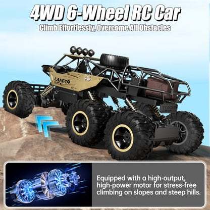 Remote Control Monster Truck, RC Cars Rock Crawler RC Truck with 2 Rechargeable Batteries, Metal Exterior & LED Lights, Large Boy Toys for Ages 4-7, 8-12 & Adults Great Gift - color: 6 Wheels Gold