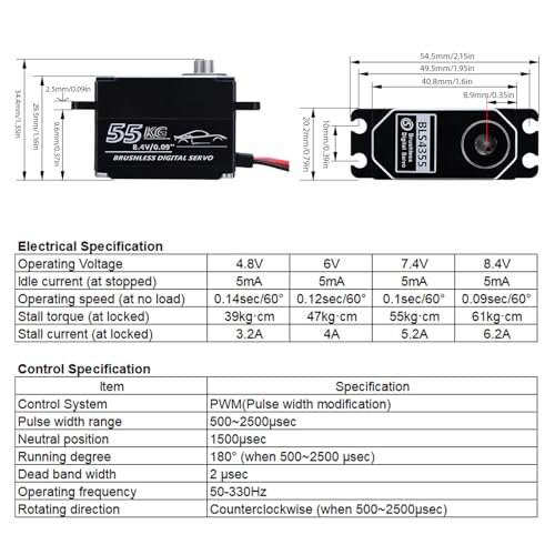 55kg Low-Profile Servo Programmable Brushless Digital Servo 0.09Sec High Speed Full Metal Gear Steering servo 1/10 Drift Car with servo Motor kit (180 Degree)