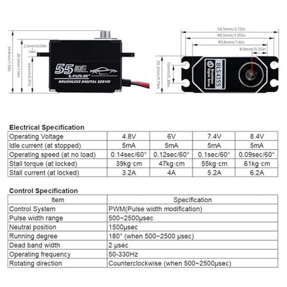 55kg Low-Profile Servo Programmable Brushless Digital Servo 0.09Sec High Speed Full Metal Gear Steering servo 1/10 Drift Car with servo Motor kit (180 Degree)