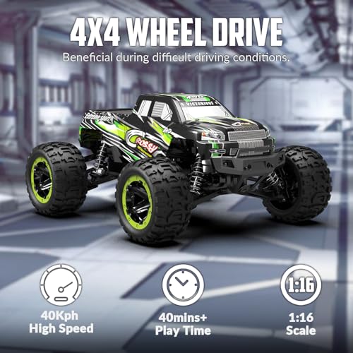 RACENT RC Truck 1:16 4x4 All Terrain RC Car 40KPH High Speed Remote Control Cars for Adults, Off-Road Monster Truck with 2.4Ghz Radio Control, 2 Batteries - color: Green