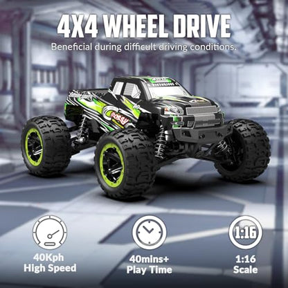 RACENT RC Truck 1:16 4x4 All Terrain RC Car 40KPH High Speed Remote Control Cars for Adults, Off-Road Monster Truck with 2.4Ghz Radio Control, 2 Batteries - color: Green