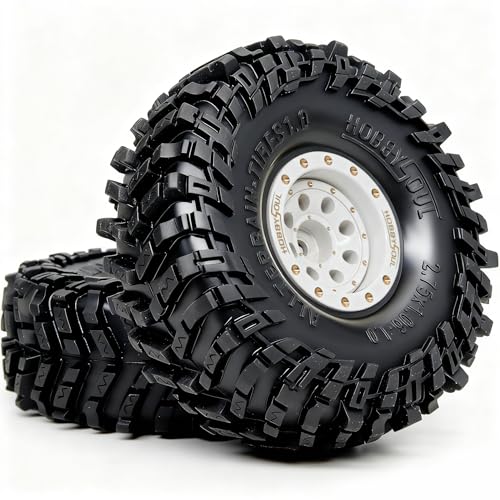 HOBBYSOUL 70mm Tall 1.0 beadlock wheels and tires set - Brass Adjustable Offset 1.0 wheel Rims white & Soft Sticky 1.0'' tire For RC Crawler 1/18 TRX4M 1/24 SCX24 - color: White