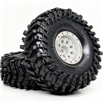 HOBBYSOUL 70mm Tall 1.0 beadlock wheels and tires set - Brass Adjustable Offset 1.0 wheel Rims white & Soft Sticky 1.0'' tire For RC Crawler 1/18 TRX4M 1/24 SCX24 - color: White