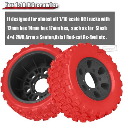 RC 1/10 Short Course Tires with 12MM 14MM 17MM Hex Compatible with Arrm a Senton,Axia1,Slash 2WD/4×4 4WD,Red cat, RC 4WD,Heavy Duty High Grip Rubber Tires w/Plastic Wheels,Red&Black - color: Red&black(4pcs)