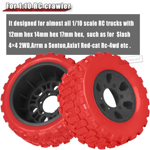 RC 1/10 Short Course Tires with 12MM 14MM 17MM Hex Compatible with Arrm a Senton,Axia1,Slash 2WD/4×4 4WD,Red cat, RC 4WD,Heavy Duty High Grip Rubber Tires w/Plastic Wheels,Red&Black - color: Red&black(4pcs)
