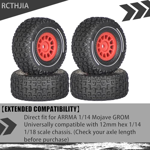 Pre-Glued 1/14 RC Truck Tires & Wheels (4PCS) - 12mm Hex All-Terrain Tires 2.56" OD - for Traxxas, ARRMA Mojave GROM,MJX Hyper Go 14301 14302 14303,Tamiya Kyosho HPI 1/14-1/18 Scale On/Off Road - color: Red
