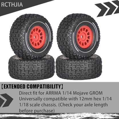 Pre-Glued 1/14 RC Truck Tires & Wheels (4PCS) - 12mm Hex All-Terrain Tires 2.56" OD - for Traxxas, ARRMA Mojave GROM,MJX Hyper Go 14301 14302 14303,Tamiya Kyosho HPI 1/14-1/18 Scale On/Off Road - color: Red