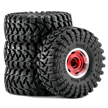 1.0" Beadlock Aluminum Wheels and 64mm Soft Rubber Tires | for SCX24, TRX4M, Ascent 18, FCX24, 1/18 1/24 RC Crawler, 7mm Hex, 0mm Offset, with Foam Inserts, (Red 356) - color: Red 356