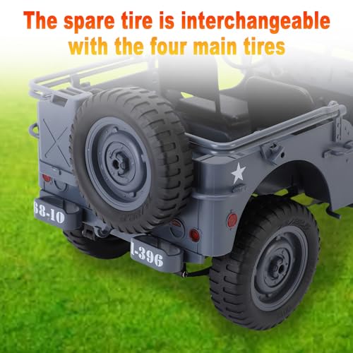 RC Crawler, 1:10 Scale D888 Willys Military Jeep, 2.4Ghz 4WD Off Road Rock Crawler with Lights, Removable Accessories All Terrain RC Jeep Toy for Adult Teens-Upgradable (2 Batteries) - color: Grey