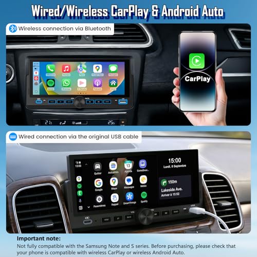 Car Radio 1 DIN 6.86 Inch, Wireless CarPlay Android Auto Car Stereo, Bluetooth Hands-Free, FM Radio, Steering Wheel Control, MirrorLink, AUX Input, Equalizer Multimedia Player with HD Reversing Camera