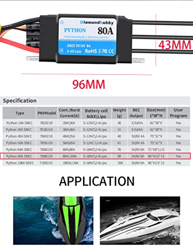 DH 80A 2-6S Waterproof Brushless ESC Electronic Speed Controller with 5V/6V 8A BEC and XT90 4.0mm Banana Head Connector for Model Ship RC Boat - size: 80A