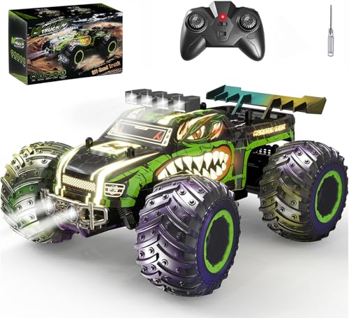 RC Cars for Boys Age 4-7 8-12, 20km/h High Speed Remote Control Monster Truck with Dino Theme, All-Terrain Off-Road Crawler with Impact-Resistant Flexible Shell, 2 Batteries,Gift Boy Toys - style: Dinosaur Rc Truck