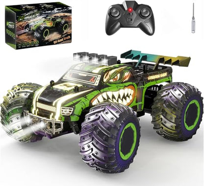 RC Cars for Boys Age 4-7 8-12, 20km/h High Speed Remote Control Monster Truck with Dino Theme, All-Terrain Off-Road Crawler with Impact-Resistant Flexible Shell, 2 Batteries,Gift Boy Toys - style: Dinosaur Rc Truck