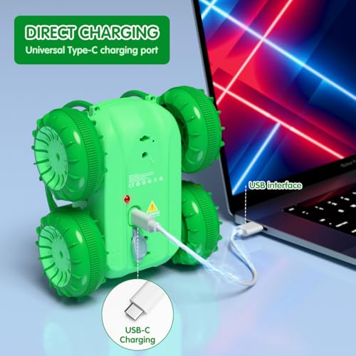 Remote Control Car, Fast Direct Charging RC Cars Amphibious Rechargeable Stunt Car 360° Rotating LED 2.4Ghz 4WD All Terrain Water-Resistant Toy Christmas Birthday Gift for Kids Boys - color: Green
