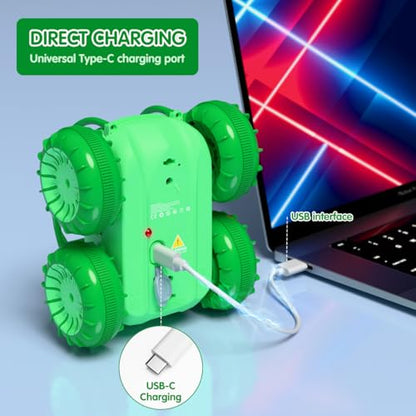 Remote Control Car, Fast Direct Charging RC Cars Amphibious Rechargeable Stunt Car 360° Rotating LED 2.4Ghz 4WD All Terrain Water-Resistant Toy Christmas Birthday Gift for Kids Boys - color: Green