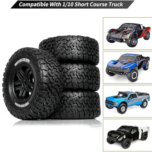 1/10 RC Short Course Truck Plastic Wheels 12mm Hex and Tires OD 4.41" 5-Spok Off Road Tyres for 1:10 Scale Truck Car TRAXXAS Slash 4X4 2WD ARRMA SENTON 3S Losi Redcat Rc4wd 4PCS (Black) - color: Black