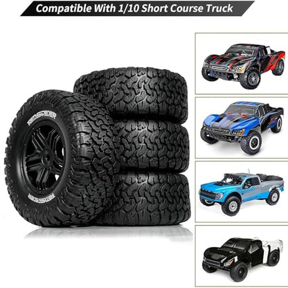 1/10 RC Short Course Truck Plastic Wheels 12mm Hex and Tires OD 4.41" 5-Spok Off Road Tyres for 1:10 Scale Truck Car TRAXXAS Slash 4X4 2WD ARRMA SENTON 3S Losi Redcat Rc4wd 4PCS (Black) - color: Black