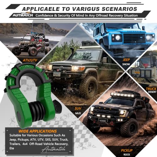 AUTMATCH D Ring Shackle 3/4" Mega Shackle (2 Pack) 68,000Ibs Break Strength - Heavy Duty Clevis Shackle with 7/8" Screw Pin & Isolator Washer for Tow Strap Winch Off Road Vehicle Recovery, Dark Green - color: Dark Green & Black