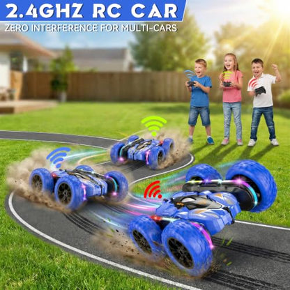 Wedopro RC Car for Boy Ages 6-12: 2 Batteries 360° Stunt Rotating 4WD Remote Control Toy with Headlights, Indoor Outdoor Birthday Gifts for Kids 6 7 8 9 10 11 12, Blue