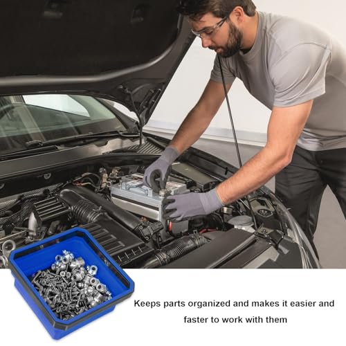 Collapsible Magnetic Parts Tray, 4.5" Square Metal Parts Organizer with Dual-Sided Magnetic Base, Foldable Tools Tray Silicone Storage Bowl for Screws Bolts Nuts Washers Pins (Blue) - color: Blue