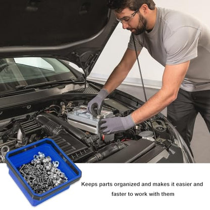 Collapsible Magnetic Parts Tray, 4.5" Square Metal Parts Organizer with Dual-Sided Magnetic Base, Foldable Tools Tray Silicone Storage Bowl for Screws Bolts Nuts Washers Pins (Blue) - color: Blue
