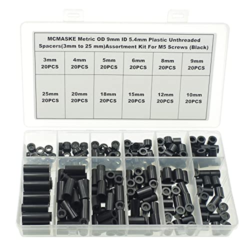 240PCS OD 9mm ID 5.4mm ABS Plastic Black Round Spacers Assortment Kit for M5 Screws; Clearance Spacers; 3mm to 25mm Lengths - size: OD 9mm ID 5.4mm