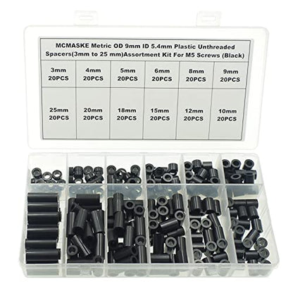 240PCS OD 9mm ID 5.4mm ABS Plastic Black Round Spacers Assortment Kit for M5 Screws; Clearance Spacers; 3mm to 25mm Lengths - size: OD 9mm ID 5.4mm