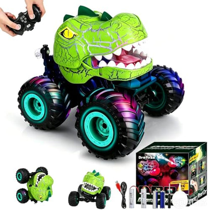 Drefirsa Dinosaur Monster Truck for Boy Age 4-7, Dino Remote Control Car | 60min+ Runtime, Trex Dinosaur Toy Car with Spray, Light, Music, Stunt, Birthday Gift for Boy 3 4 5 6 7 8 9 10 Year Old - color: Green