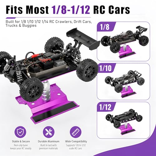 RC Car Repair Stand, Aluminum Workstation, 360° Rotating, Height Adjustable | Secure foam cradle, Magnetic fastener strip, shock service port, ruler grid, smooth turning, fit 1/8 1/10 1/12 Rc car - color: Lift Lower Purple