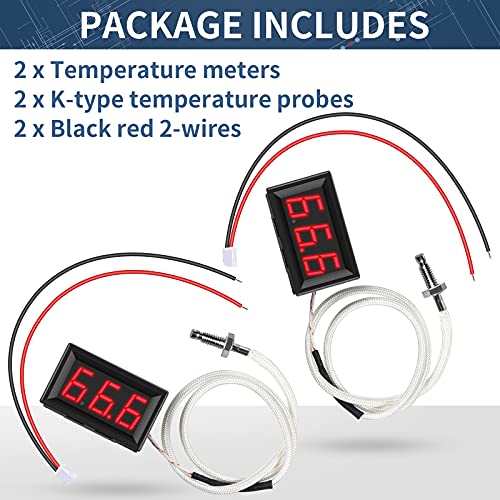 2 Pieces -30-800 Degree Centigrade Digital Temperature Meter with 0.5 Meter K-Type Thermocouple Temperature Sensor and 2-Wires Reverse Polarity Protection with Red LED Display Black Case