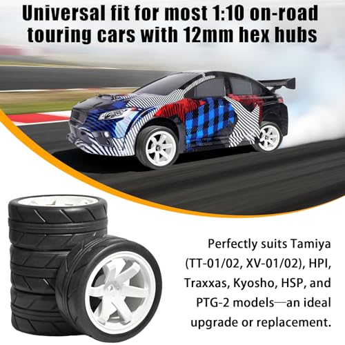 OD 2.55" On Road Rubber Tires Plastic Wheel Rims 12mm Hex for 1/10 RC Car | Compatible with MJX HSP Tamiya HPI Kyosho Traxxas Sakura Redcat WLtoys 1/10 RC On-Road Racing Touring Car (4pcs, White) - style: F-White
